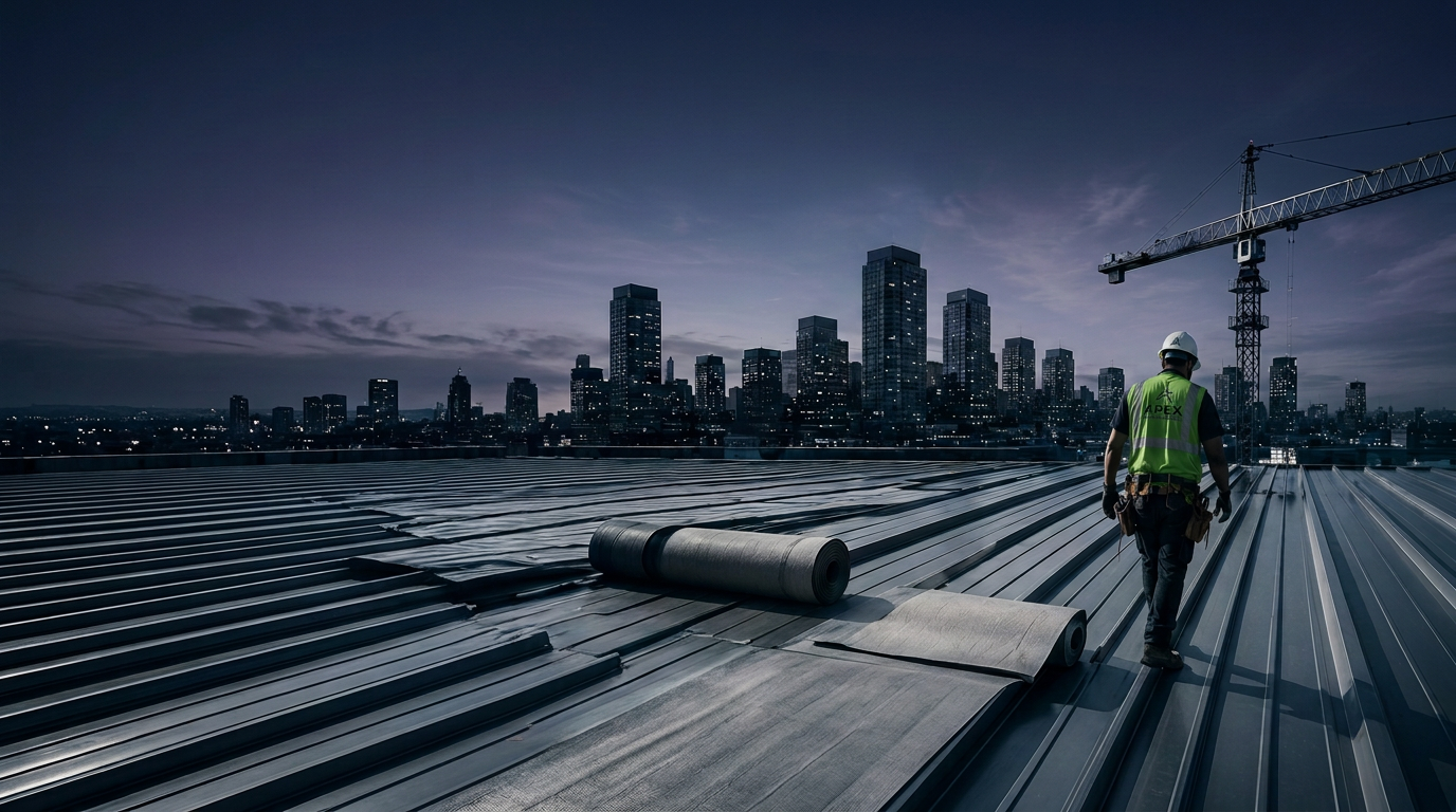 Commercial rooftop under construction at dusk with a city skyline and tower crane